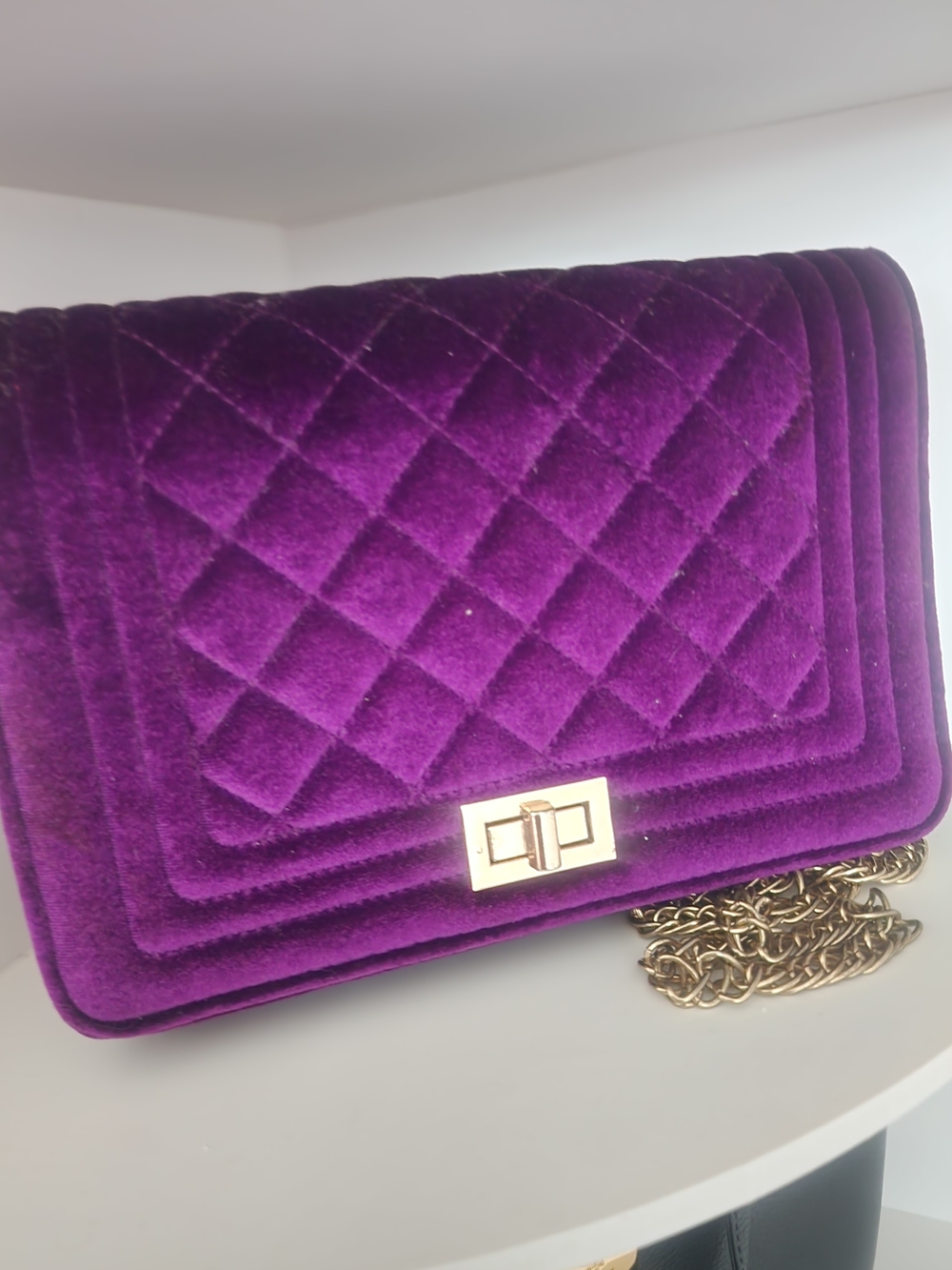 Purple Quilted Velvet Crossbody Bag with Gold Chain